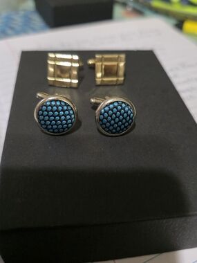 Round Blue Textured Fabric Cufflinks with Silver Tone Setting